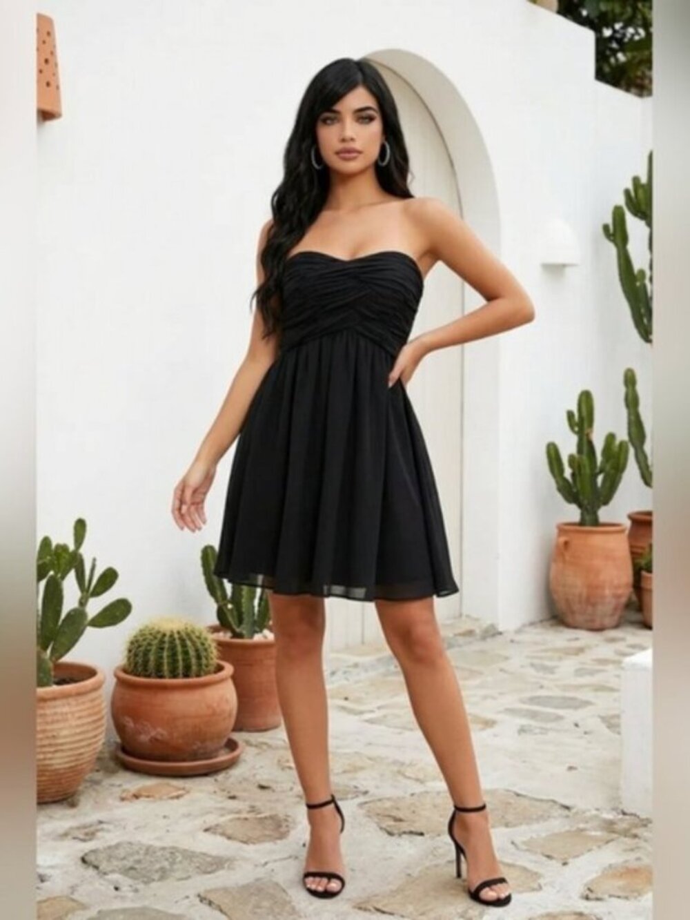 White House Black Market 8 Black Strapless Chiffon Dress Ruched Bodice Fit Flare